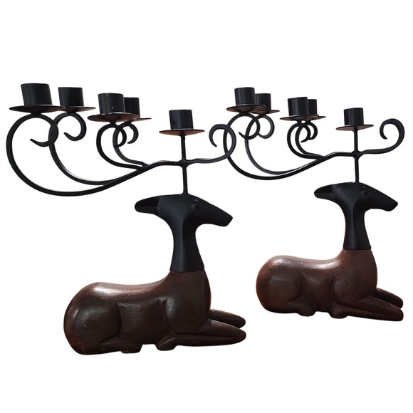 Pier One Deer Candelabra Set Metal Wood Rustic Lodge Cabin Candle Holders Pair - Picture 1 of 5